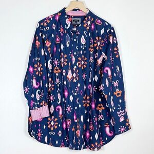 Talbots Womens Button Up Shirt Size 2X Navy Pink Ikat Print Cotton Contrast Cuff